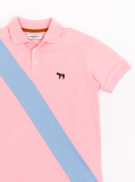 Flat lay of pale pink 100% cotton polo shirt with sky blue sash detail and Newmarket 875 horse logo embroidered on the front.